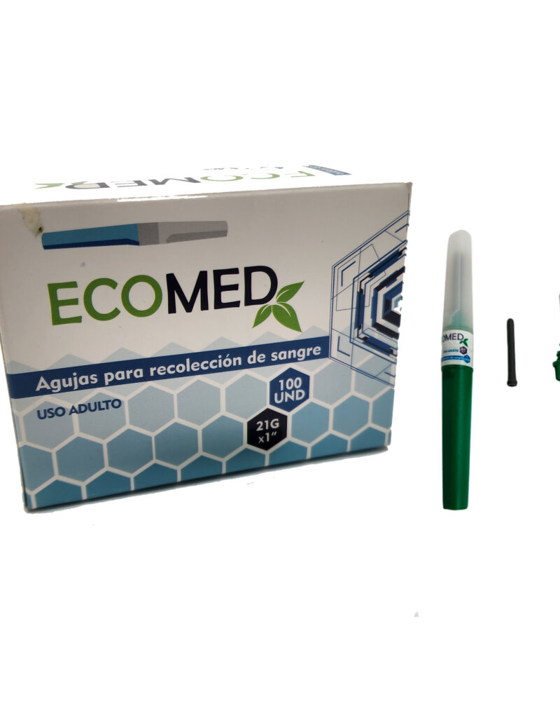 AGUJA PARA LA RECOLECCION DE SANGRE - ADULTOS - 21G - TIPO PLUMA - ECOMED - CAJA x 100 UND