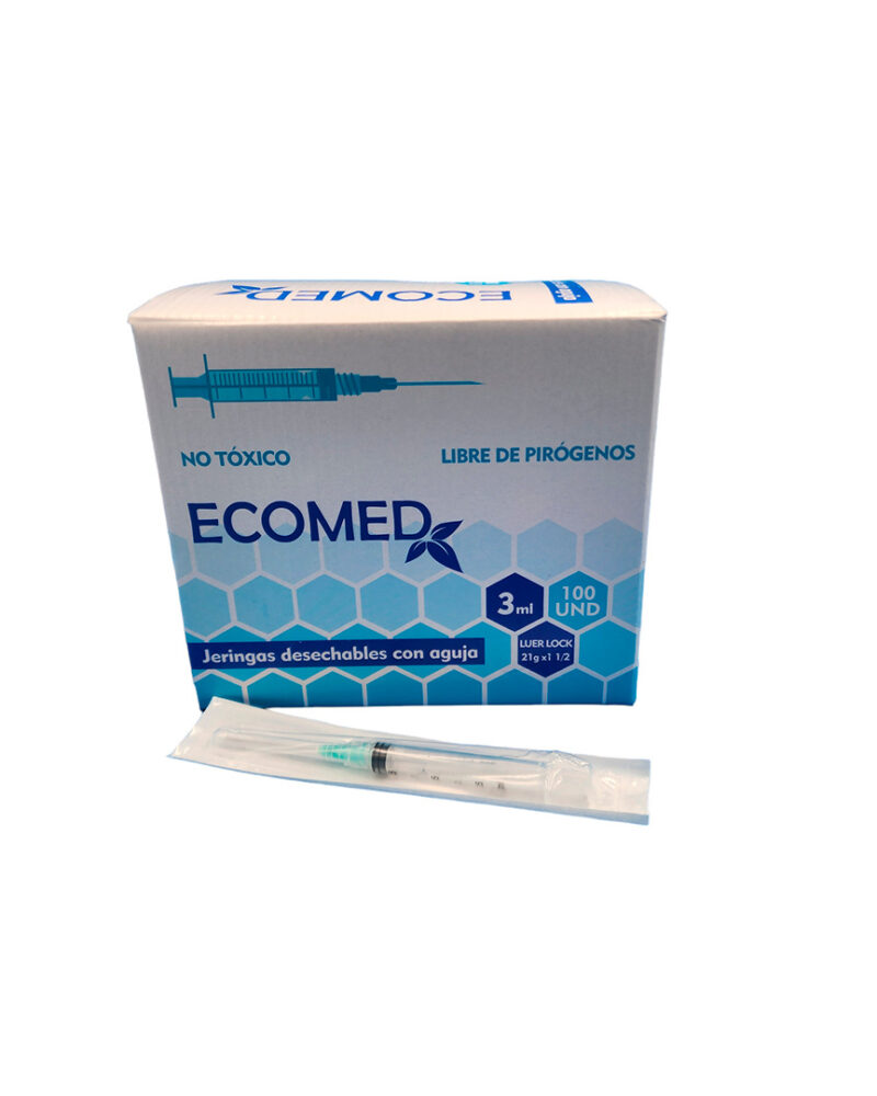 JERINGAS LUER LOCK DE ROSCA CON AGUJA 21G x 1 1/2' - 3CC - ECOMED - CAJA X 100 UND