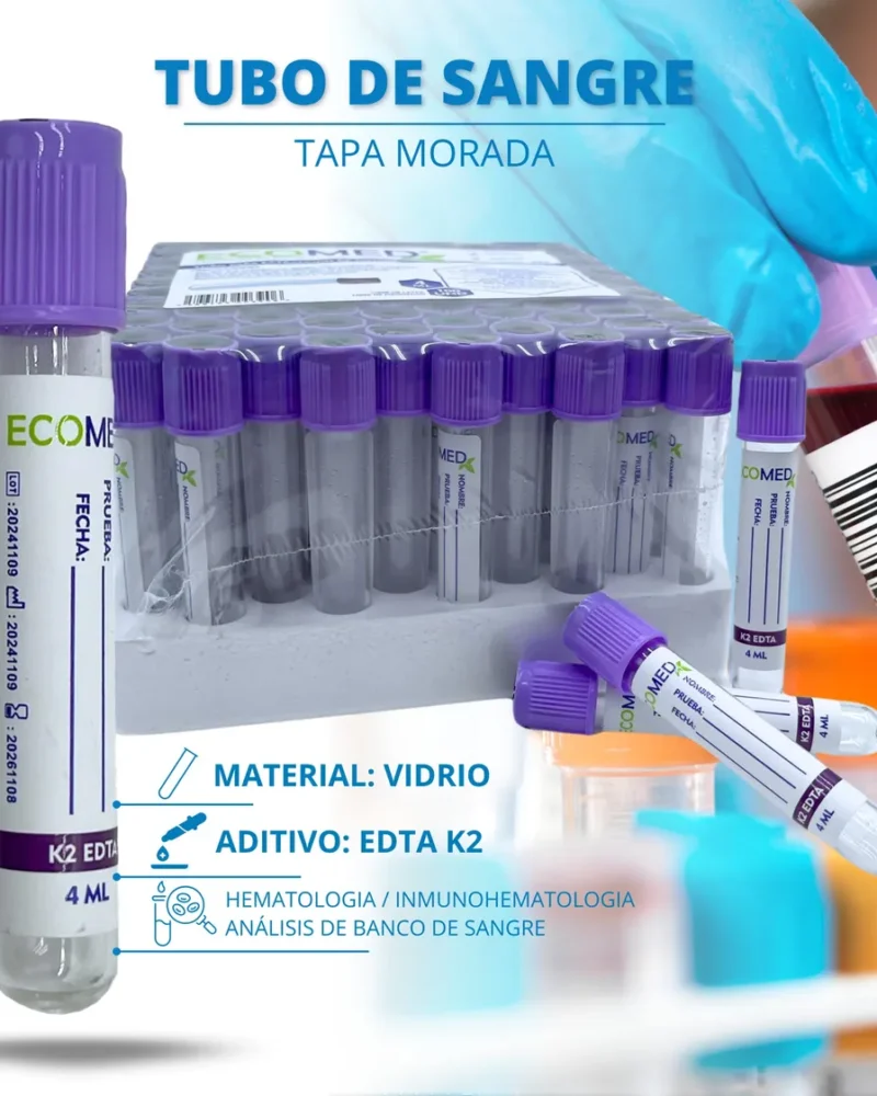 TUBO DE RECOLECCION DE SANGRE (VIDRIO) - TAPA MORADA - 4 ML - ECOMED - GRADILLA X 100 UND