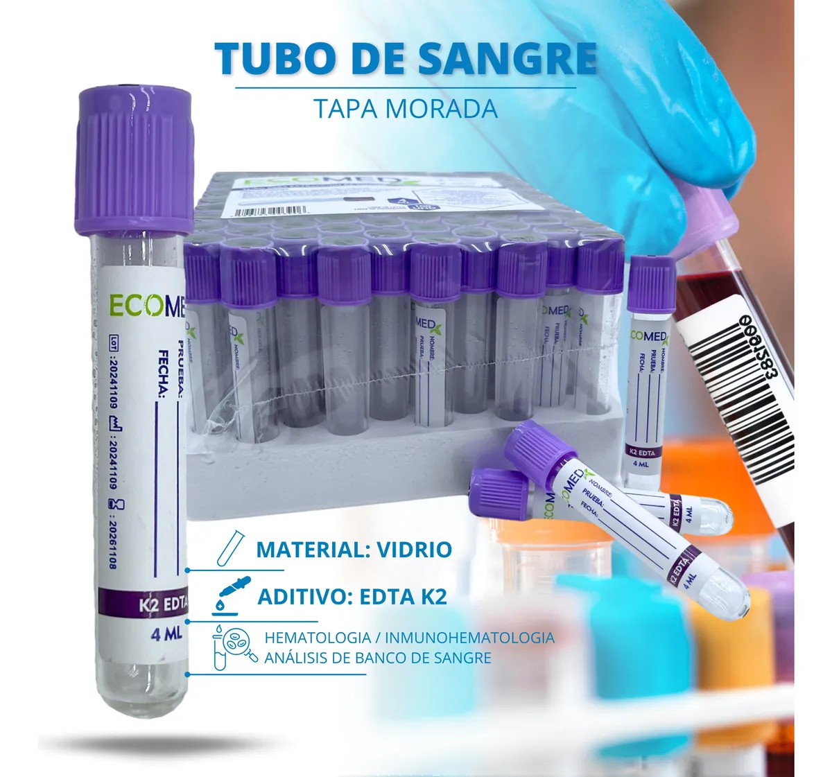 TUBO DE RECOLECCION DE SANGRE (VIDRIO) - TAPA MORADA - 4 ML - ECOMED - GRADILLA X 100 UND