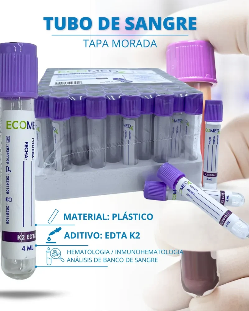TUBO DE RECOLECCION DE SANGRE (PLASTICO) - TAPA MORADA - 4 ML - ECOMED - BULTO X 12 GRADILLAS (1.200 UND)