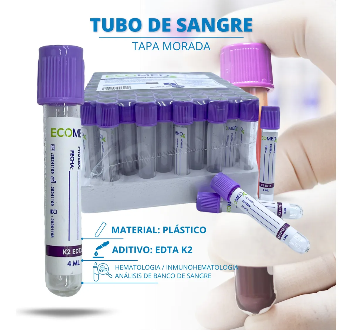 TUBO DE RECOLECCION DE SANGRE (PLASTICO) - TAPA MORADA - 4 ML - ECOMED - BULTO X 12 GRADILLAS (1.200 UND)