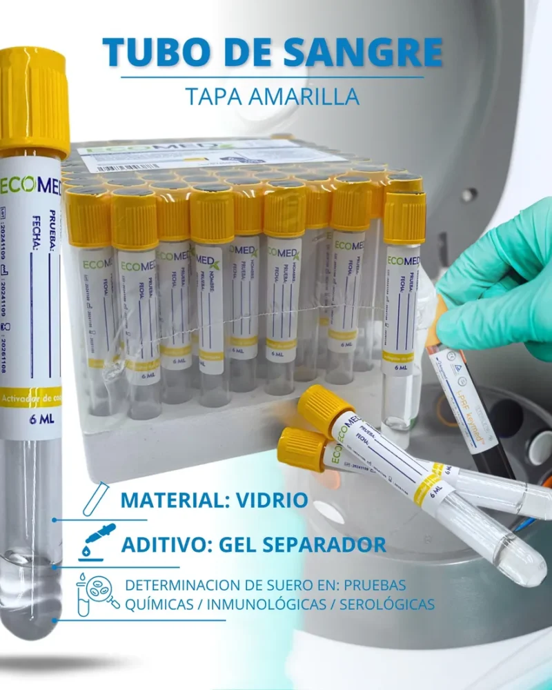 TUBO DE RECOLECCION DE SANGRE (VIDRIO) - TAPA AMARILLA - 6 ML - ECOMED - BULTO X 12 GRADILLAS (1.200 UND)