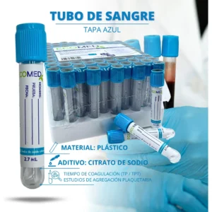 TUBO DE RECOLECCION DE SANGRE (PLASTICO) - TAPA AZUL - 2.7 ML - ECOMED - GRADILLA X 100 UND