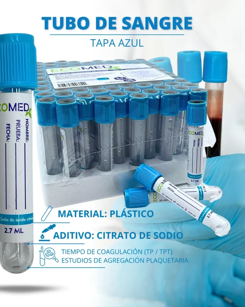 TUBO DE RECOLECCION DE SANGRE (PLASTICO) - TAPA AZUL - 2.7 ML - ECOMED - GRADILLA X 100 UND