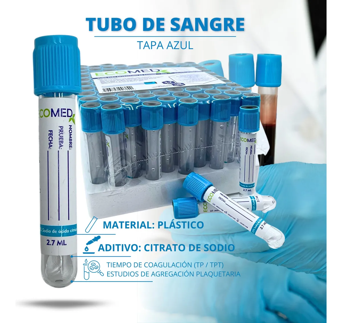 TUBO DE RECOLECCION DE SANGRE (PLASTICO) - TAPA AZUL - 2.7 ML - ECOMED - GRADILLA X 100 UND