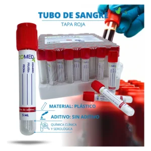 TUBO DE RECOLECCION DE SANGRE (PLASTICO) - TAPA ROJA - 5 ML - ECOMED - BULTO X 12 GRADILLAS (1.200 UND)