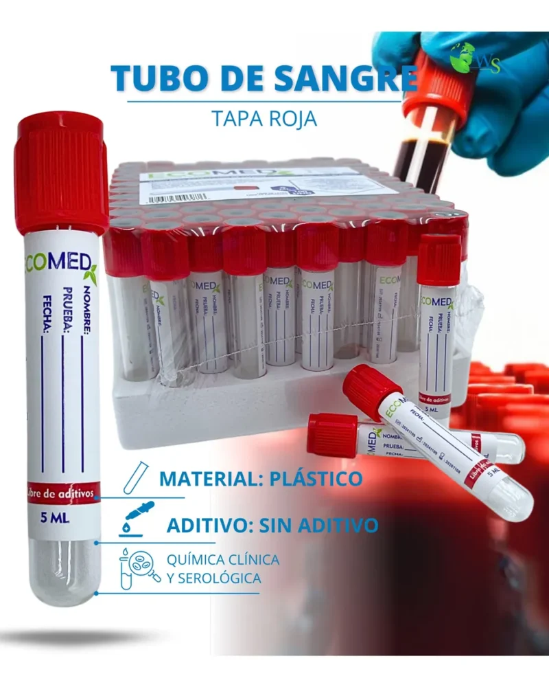 TUBO DE RECOLECCION DE SANGRE (PLASTICO) - TAPA ROJA - 5 ML - ECOMED - GRADILLA X 100 UND