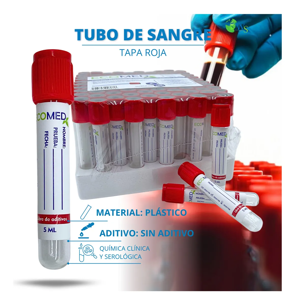 TUBO DE RECOLECCION DE SANGRE (PLASTICO) - TAPA ROJA - 5 ML - ECOMED - GRADILLA X 100 UND