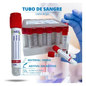 TUBO DE RECOLECCION DE SANGRE (VIDRIO) - TAPA ROJA - 5 ML - ECOMED - BULTO X 12 GRADILLAS (1.200 UND)