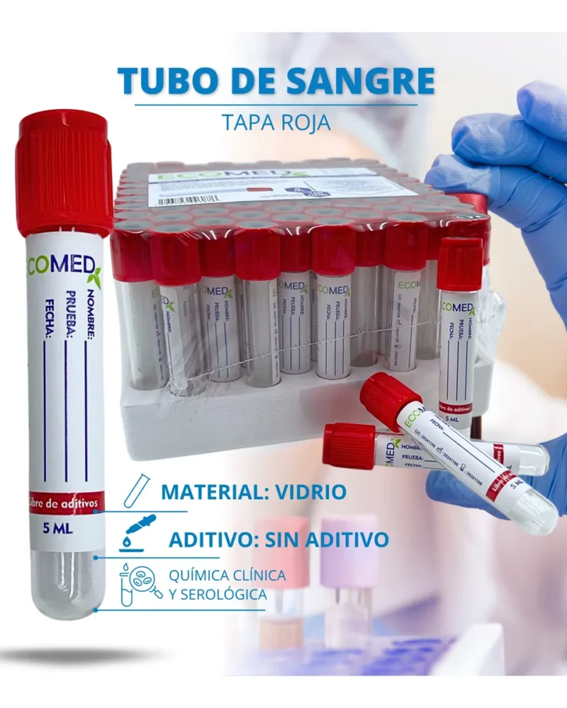 TUBO DE RECOLECCION DE SANGRE (VIDRIO) - TAPA ROJA - 5 ML - ECOMED - BULTO X 12 GRADILLAS (1.200 UND)