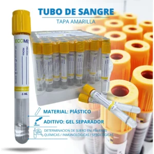 TUBO DE RECOLECCION DE SANGRE (PLASTICO) - TAPA AMARILLA - 6 ML - ECOMED - GRADILLA X 100 UND