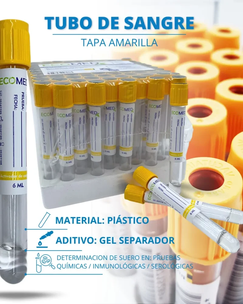 TUBO DE RECOLECCION DE SANGRE (PLASTICO) - TAPA AMARILLA - 6 ML - ECOMED - GRADILLA X 100 UND