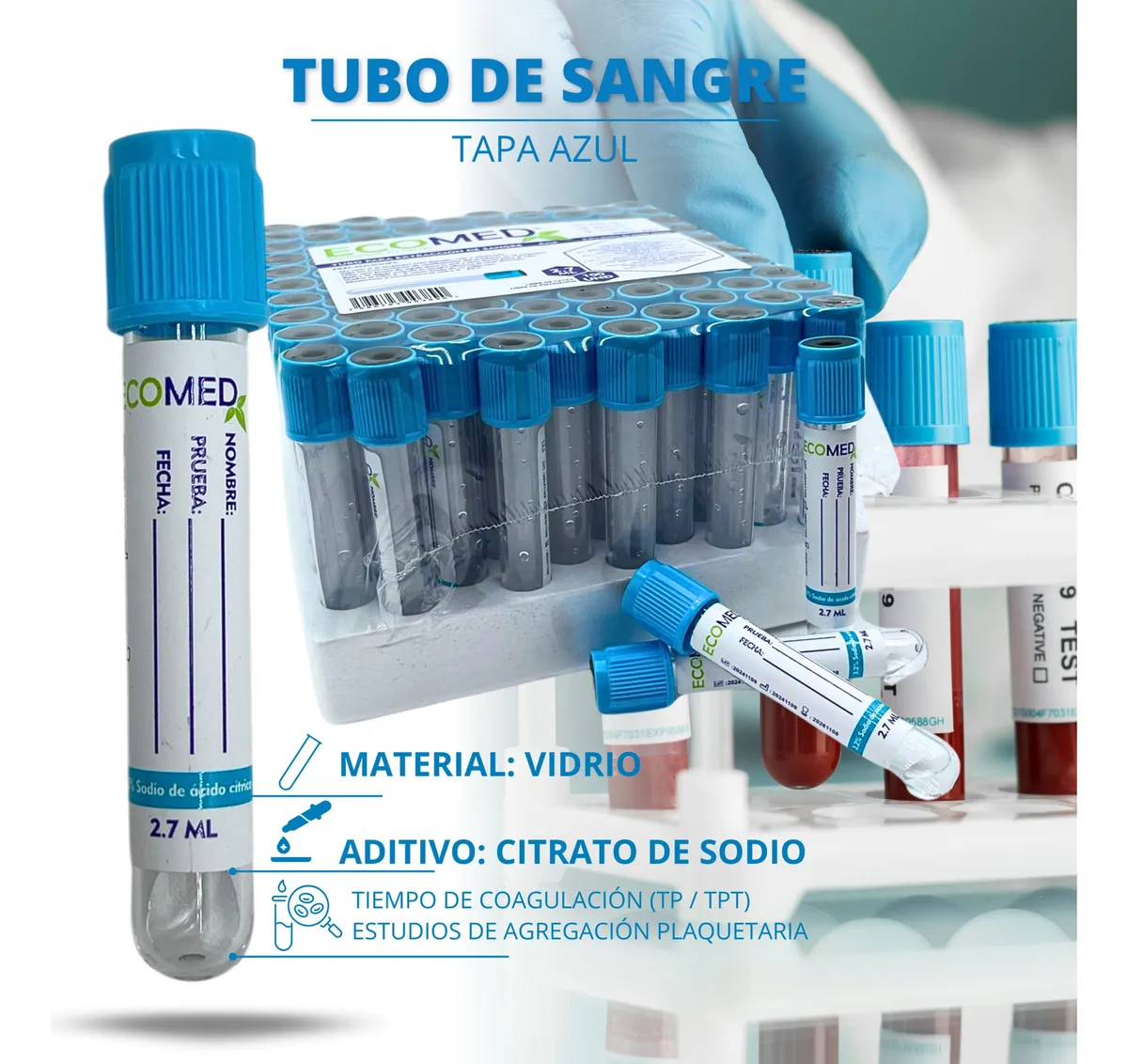 TUBO DE RECOLECCION DE SANGRE (VIDRIO) - TAPA AMARILLA - 6 ML - ECOMED - GRADILLA X 100 UND